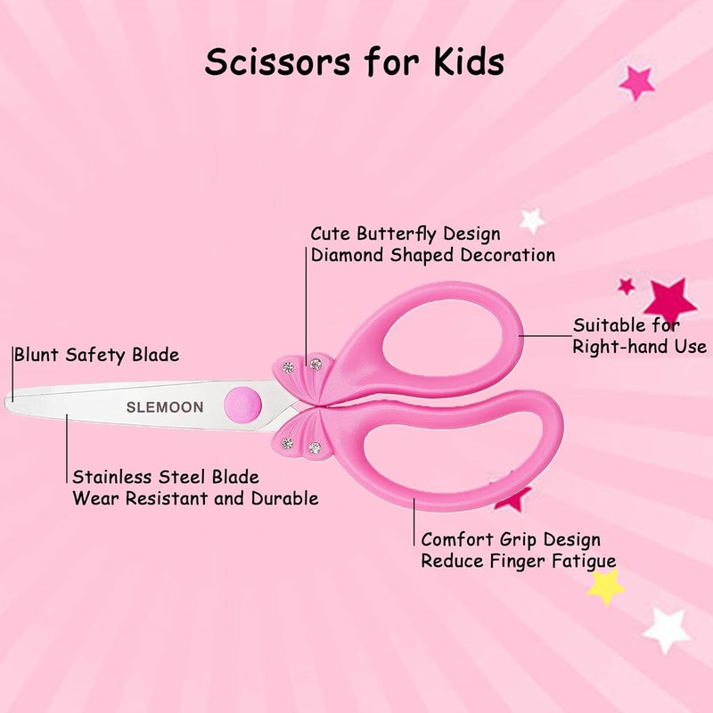 SLEMOON Scissors for Kids Ages 4-8 | Blunt Tip Safety Toddler Scissors, Stainless Steel Blades, ABS Plastic | School Craft Supplies, Art Projects, Pink (Princess Design with Rhinestones) - Image 2